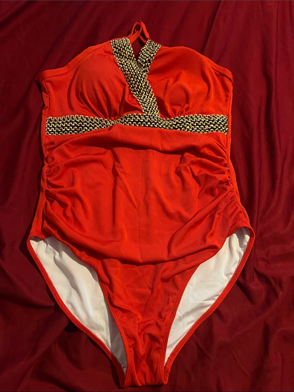 SHEIN Red One-Piece Swimsuit with Gold Trim
